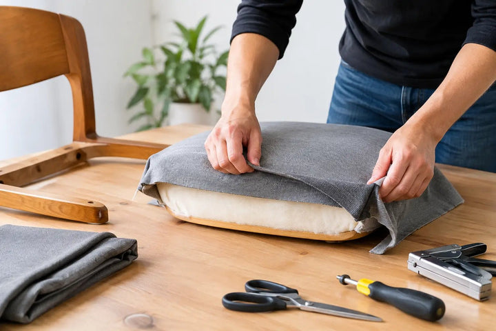 Losse stoelzitting bekleden in 7 heldere stappen - BLADI meubelstoffen