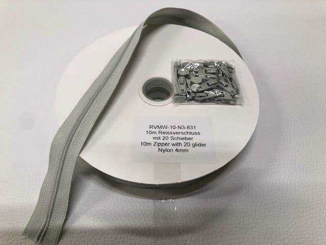 rits nylon 4mm 10 m + 20 schuivers - licht grijs - Bladi