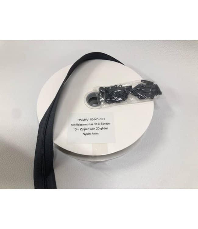 rits nylon 4mm 10 m + 20 schuivers - Zwart - Bladi