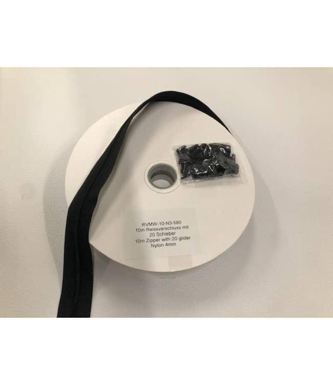 rits nylon 4mm 10 m + 20 schuivers - Zwart - Bladi